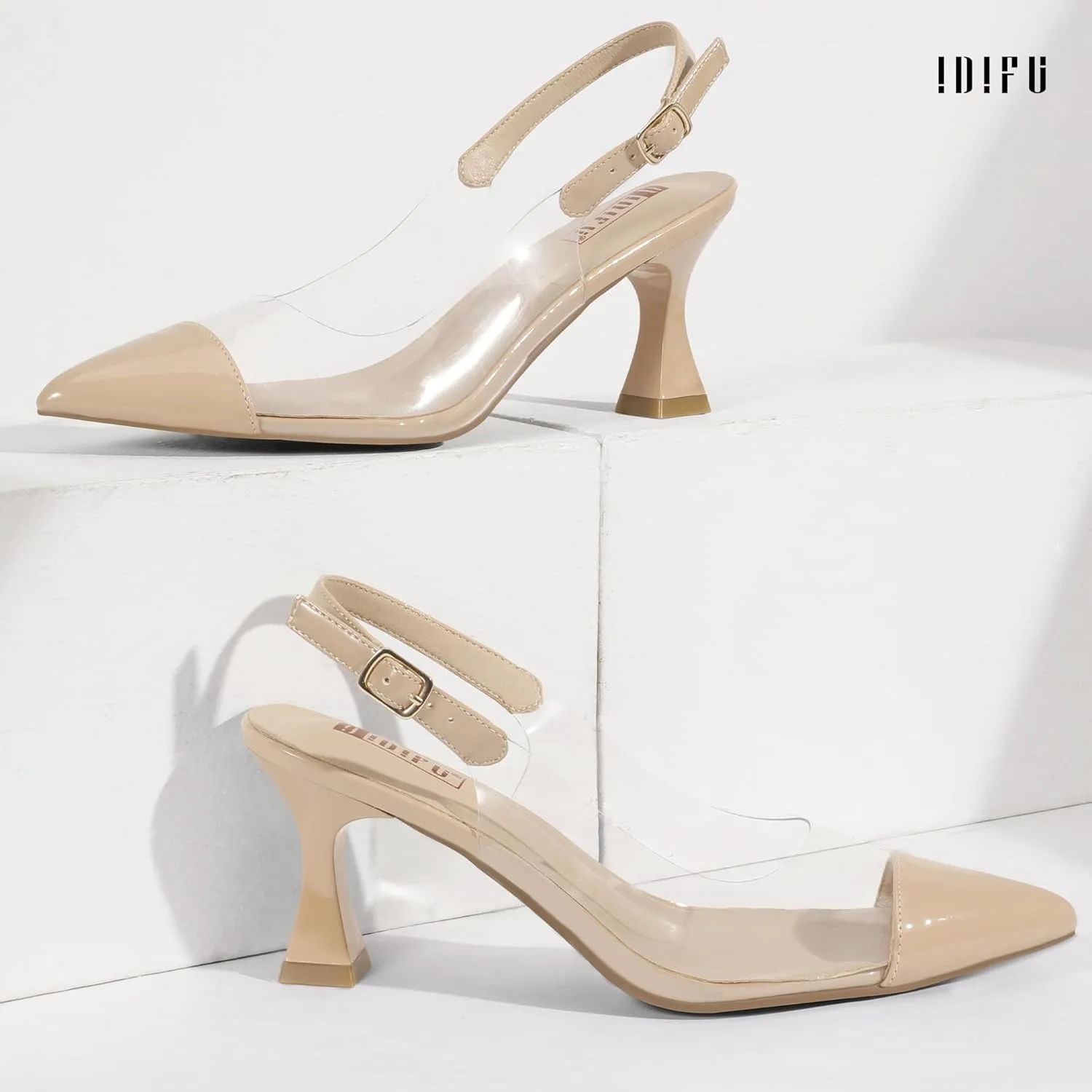 IDIFU IN3 Clear Kitten Heels Women's Pumps Closed Pointed Toe Slingback Low Short Heels Dress Shoes for Women Wedding Bridal Bridesmaid Prom Party Sexy Dressy Cute Trendy Pumps Shoes