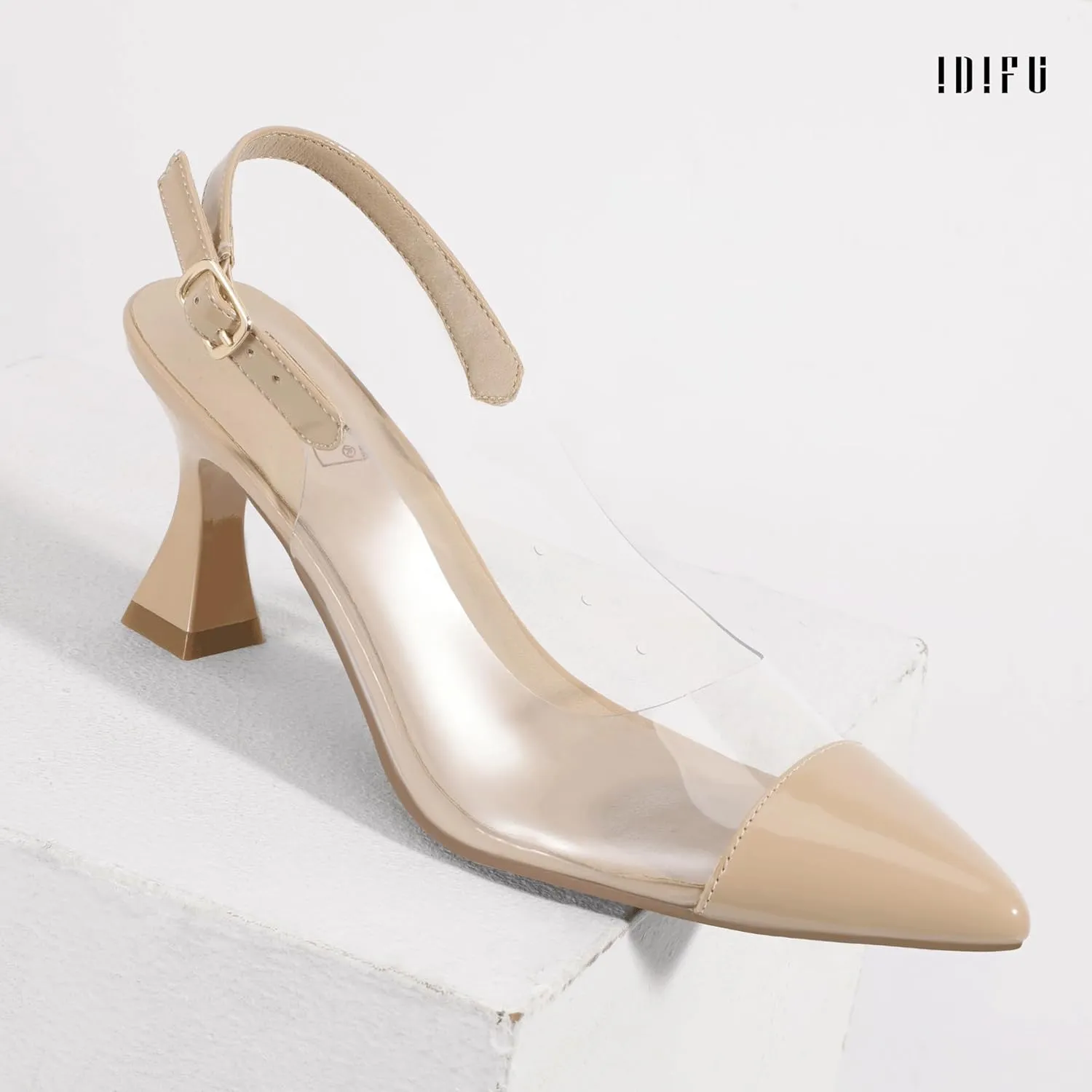 IDIFU IN3 Clear Kitten Heels Women's Pumps Closed Pointed Toe Slingback Low Short Heels Dress Shoes for Women Wedding Bridal Bridesmaid Prom Party Sexy Dressy Cute Trendy Pumps Shoes