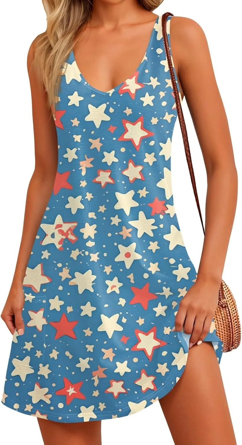 Independence Day Dress for Women Patriotic 4th of July Knee Length Mini Dresses V Neck Spaghetti Strap Sundresses