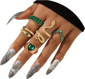 INENIMARTJ Snake Rings for Women,Gold Snake Knuckle Rings Boho Crystal Heart Stacking Finger Rings Set Vintage Snake Jewelry (Green)