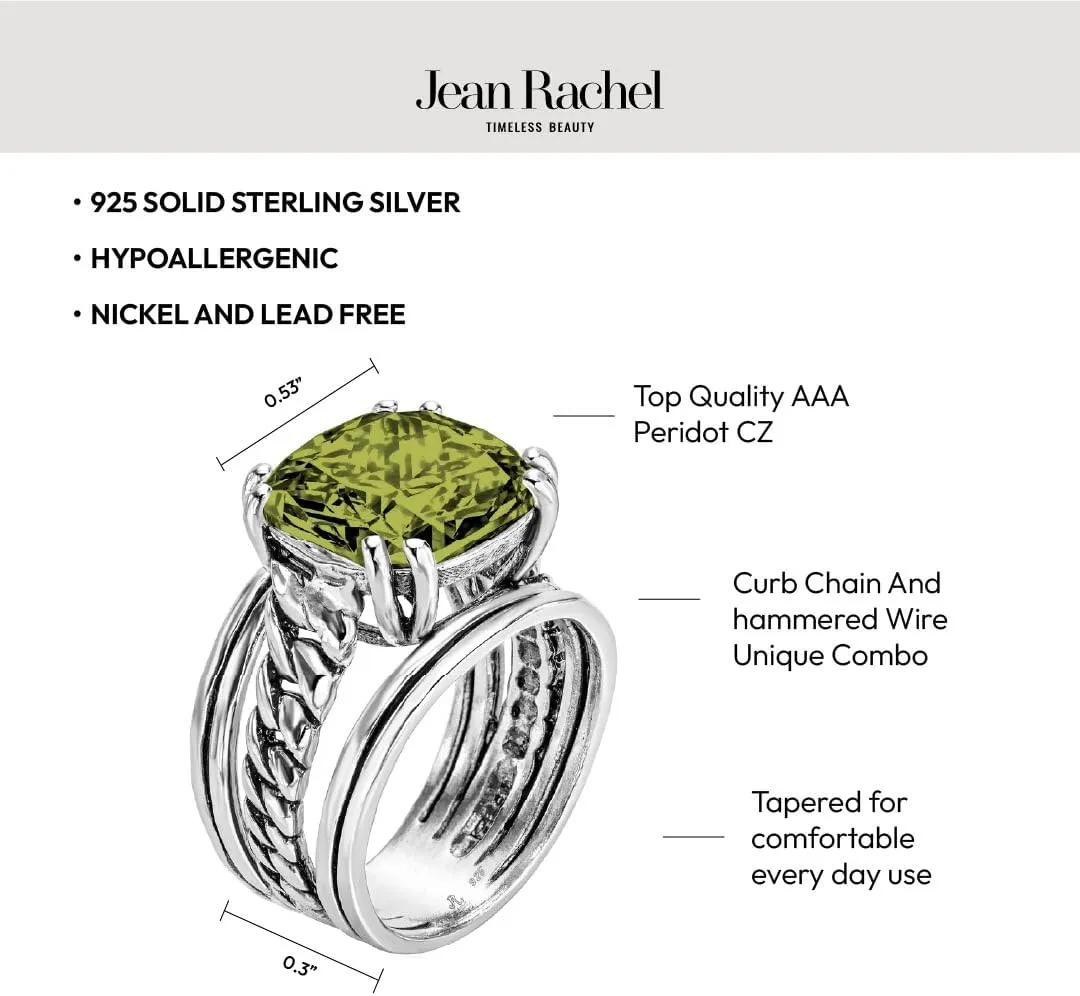 JEAN RACHEL JEWELRY 925 Sterling Silver Ring - Curb Chain Vintage Design with Cushion Shaped Cubic Zirconia - Hypoallergenic, Lead & Nickel Free - Artisan Handcrafted Statement Rings for Women