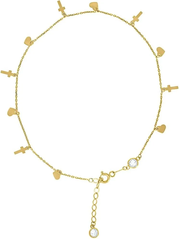 JewelryWeb 10k Yellow Gold Womens CZ Simulated Diamond Love Heart Religious Faith Cross Charms Chain Anklet 9   1 Inch 7.8mm Wide-Anklet for Women and Men