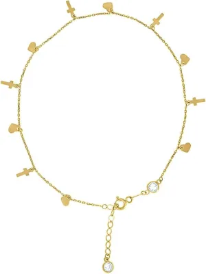JewelryWeb 10k Yellow Gold Womens CZ Simulated Diamond Love Heart Religious Faith Cross Charms Chain Anklet 9   1 Inch 7.8mm Wide-Anklet for Women and Men