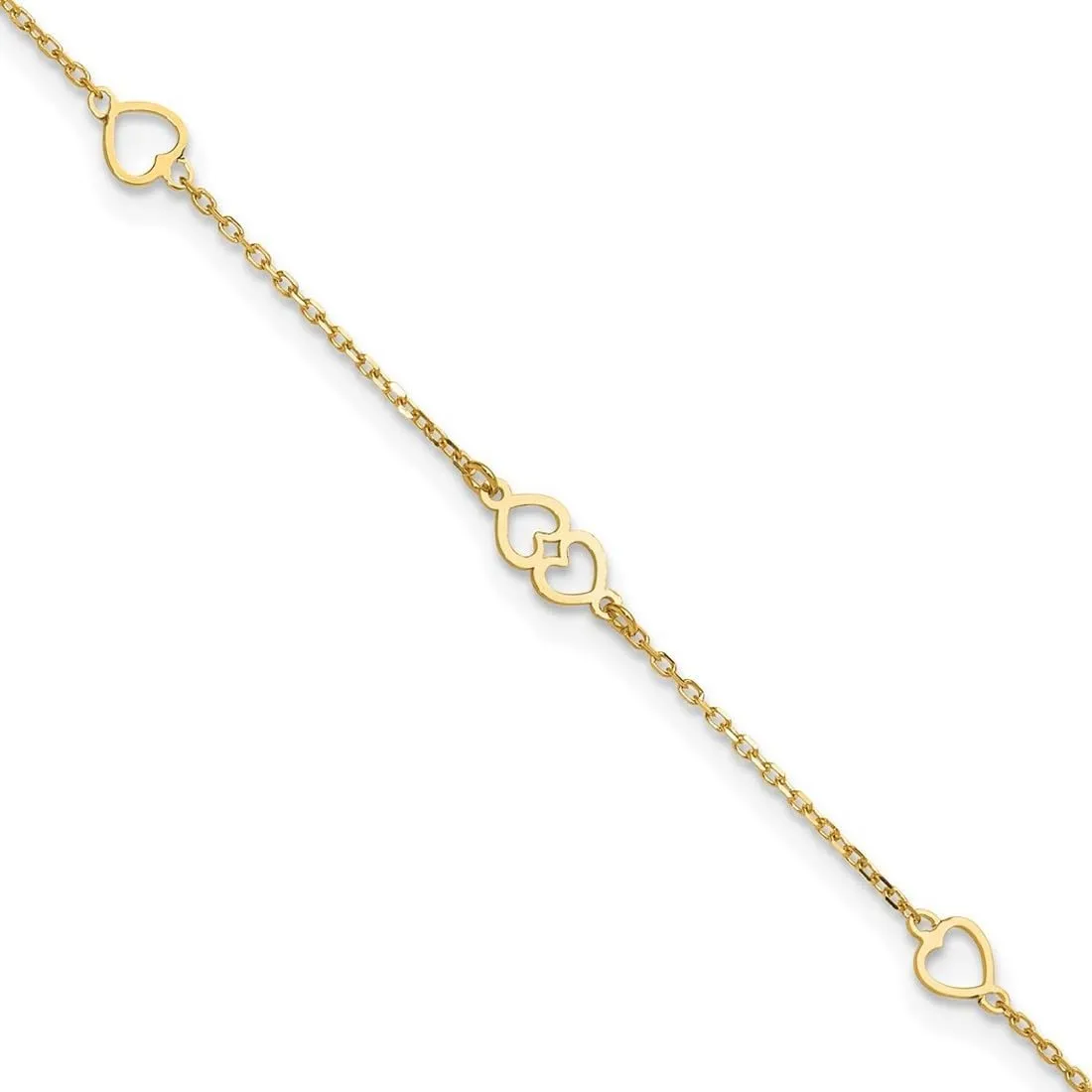 JewelryWeb 14k Gold Polished Love Hearts Plus 1 In Ext. Anklet 9 Inch 1mm Wide-Anklet for Women