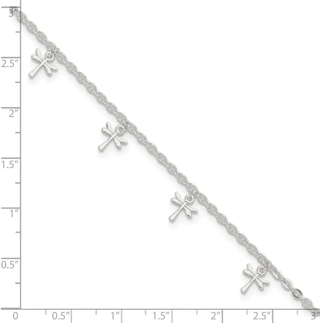 JewelryWeb 925 Sterling Silver Fancy Lobster Closure Polished Dragonfly With 1inch Ext. Anklet-Anklet for Women