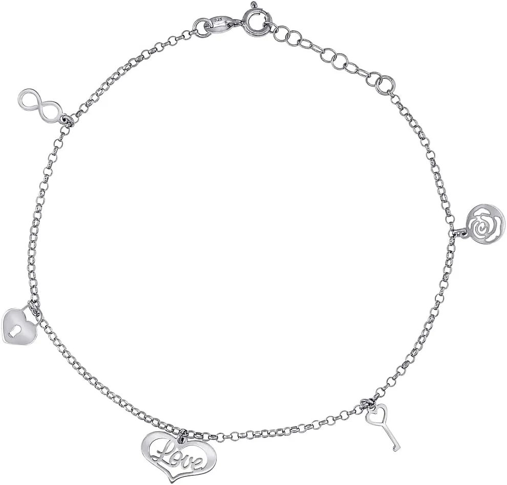 JewelryWeb 925 Sterling Silver Women Love Charms Anklet 10 Inch 12.2mm Long-Anklet for-Women