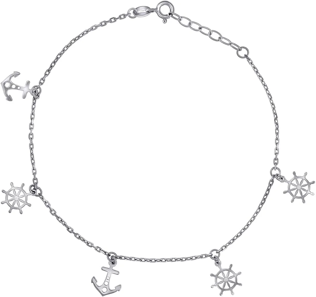 JewelryWeb 925 Sterling Silver Womens Ship Wheel and Anchor Charms Anklet 10 Inch-Anklet for Women