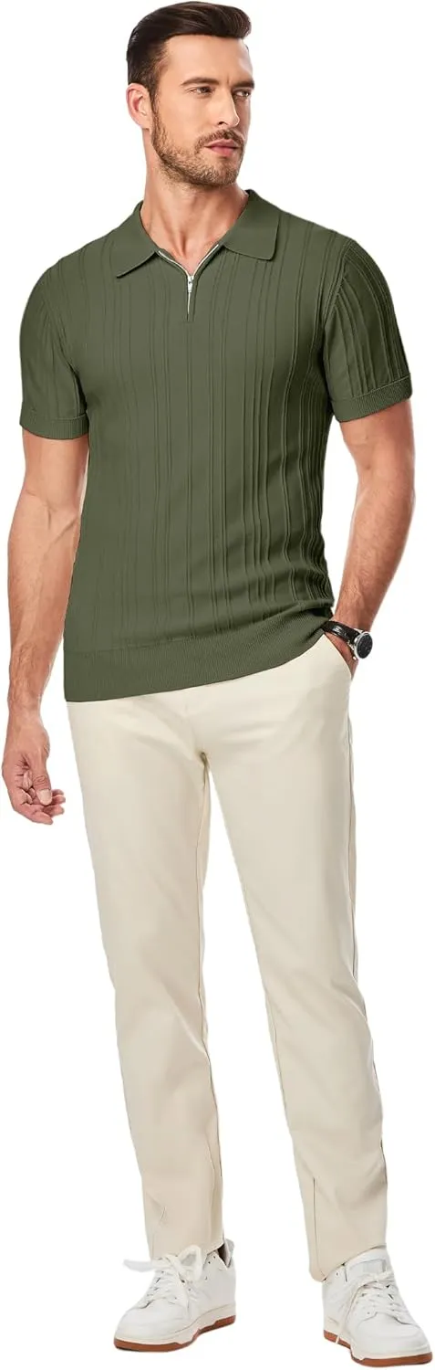 JMIERR Mens Casual Polo Shirt Short Sleeve Classic Fit Knit T Shirt Golf Shirts with Zipper