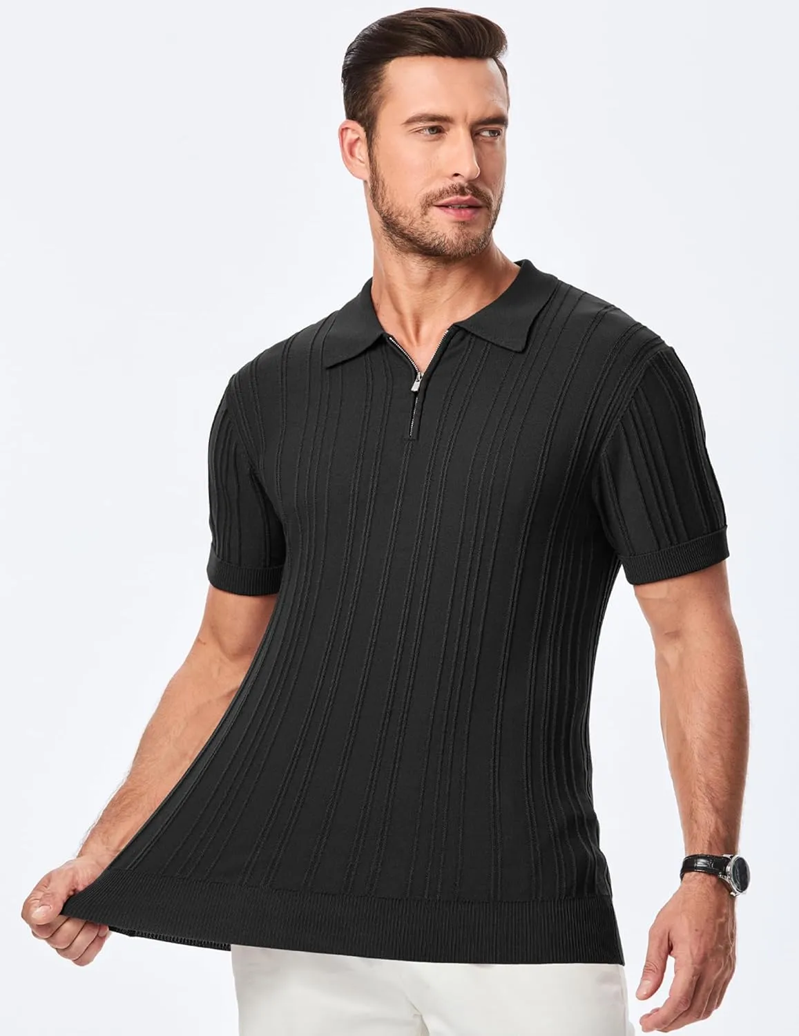 JMIERR Mens Casual Polo Shirt Short Sleeve Classic Fit Knit T Shirt Golf Shirts with Zipper