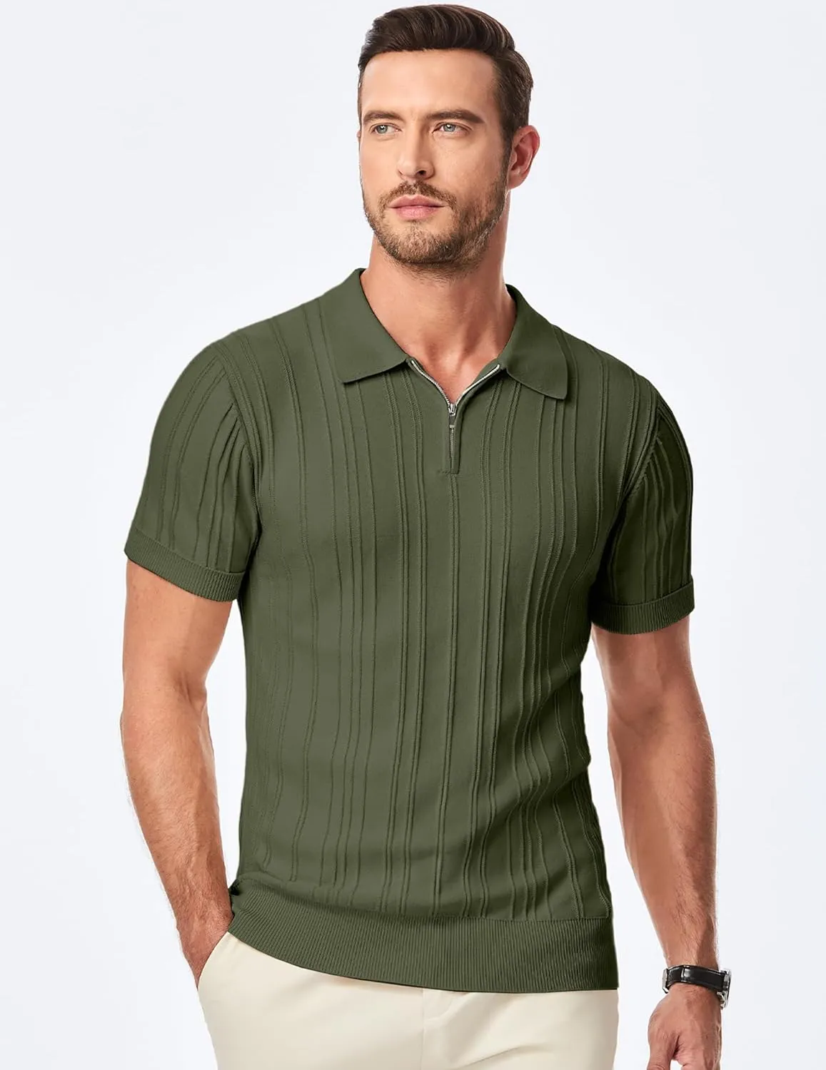 JMIERR Mens Casual Polo Shirt Short Sleeve Classic Fit Knit T Shirt Golf Shirts with Zipper
