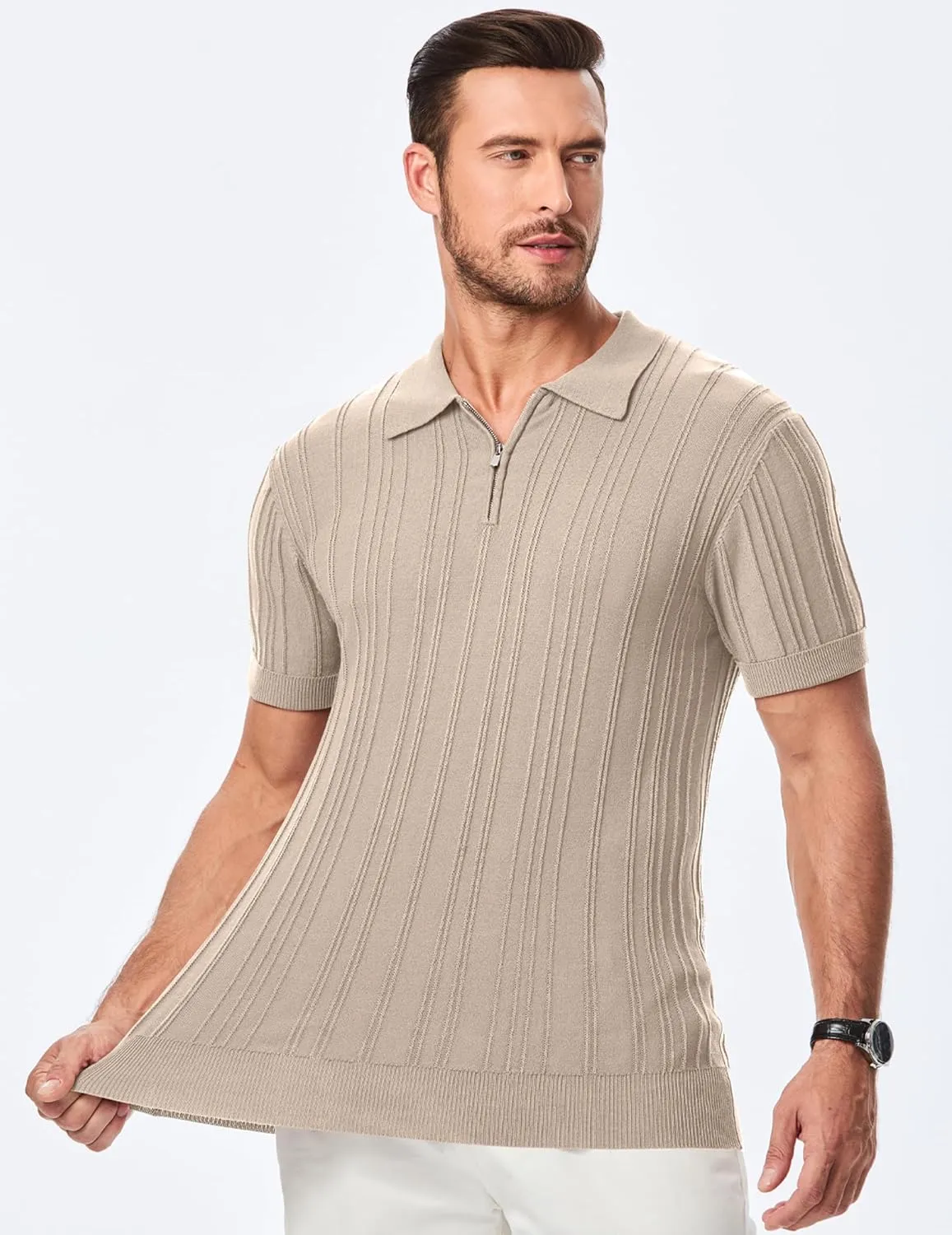 JMIERR Mens Casual Polo Shirt Short Sleeve Classic Fit Knit T Shirt Golf Shirts with Zipper