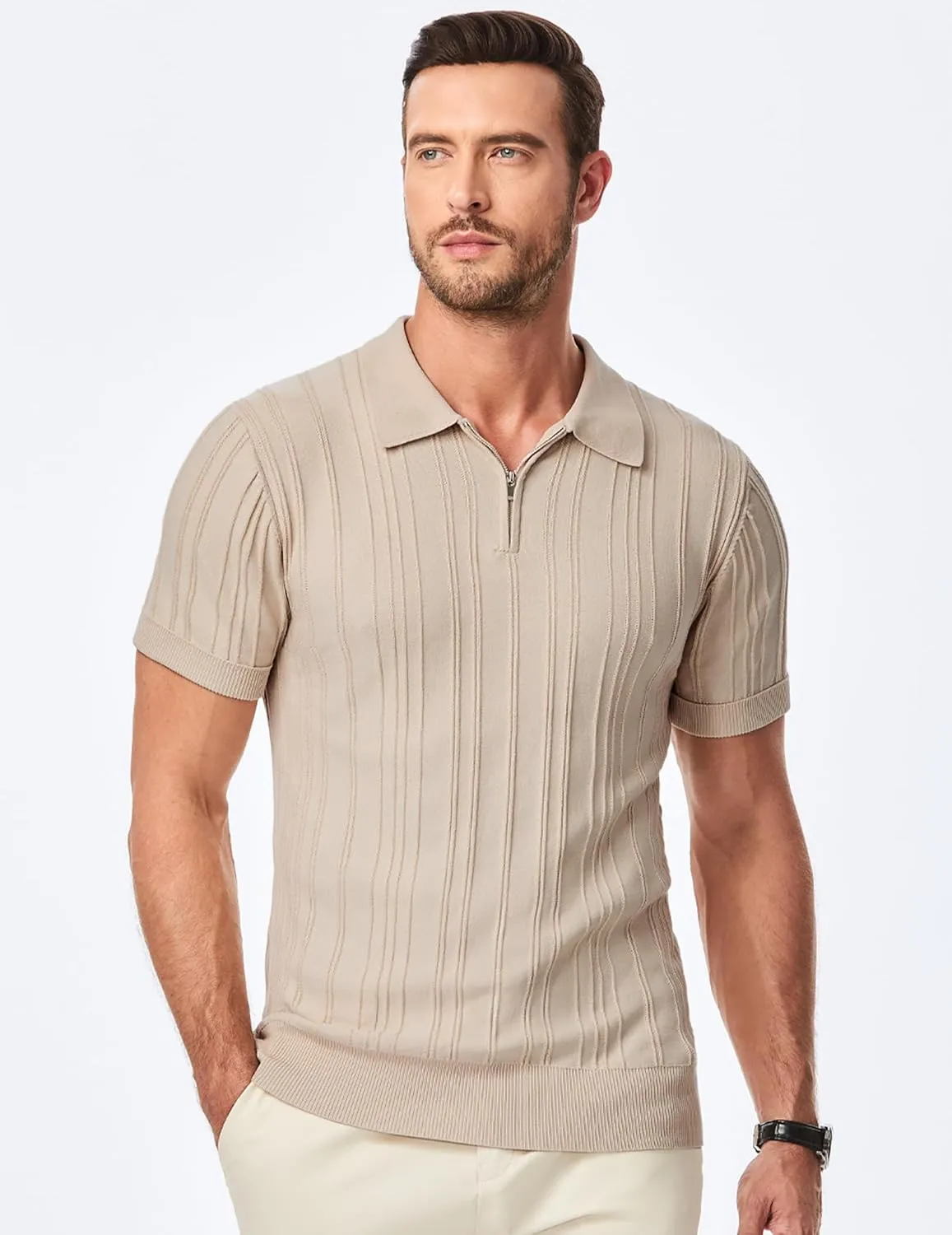 JMIERR Mens Casual Polo Shirt Short Sleeve Classic Fit Knit T Shirt Golf Shirts with Zipper