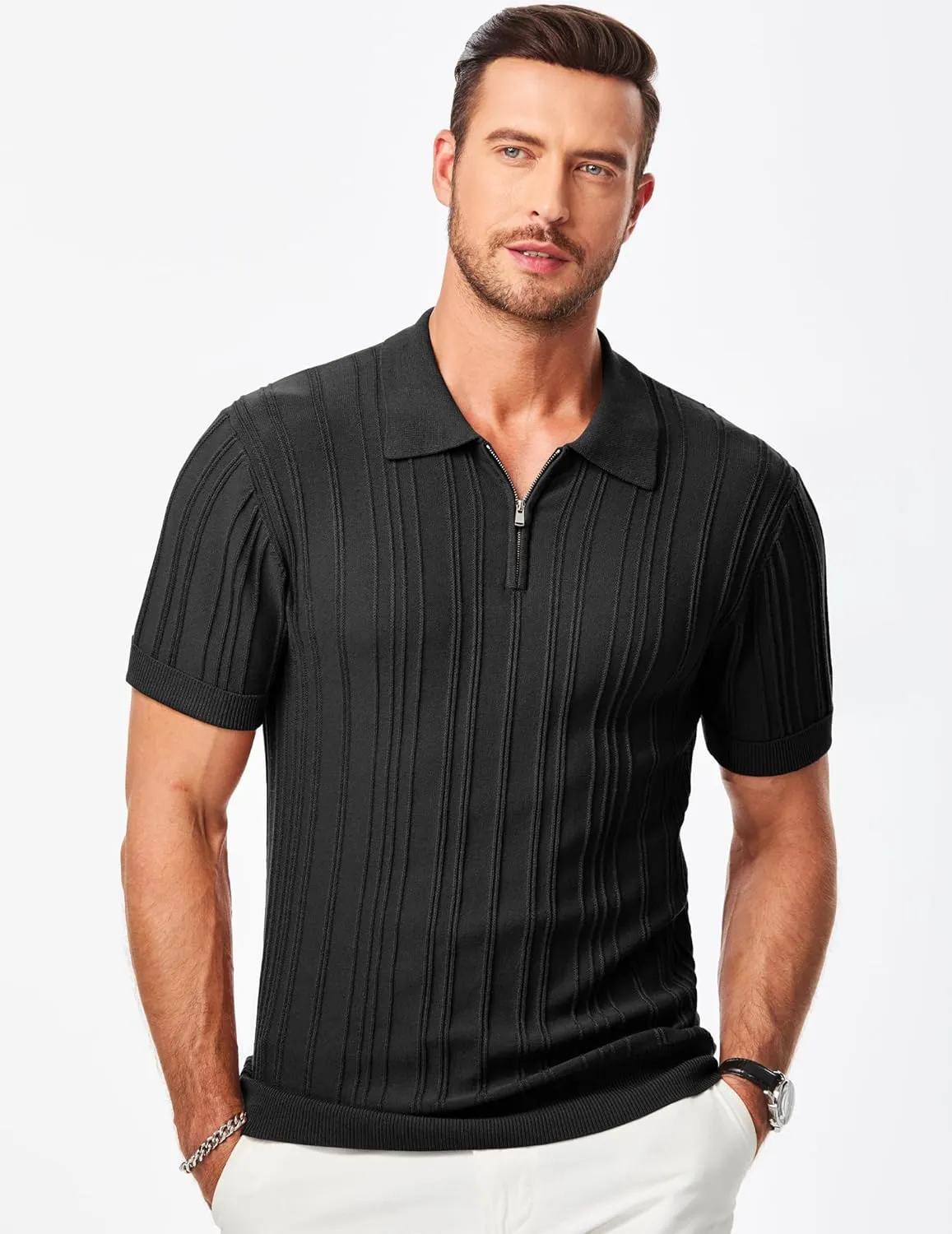 JMIERR Mens Casual Polo Shirt Short Sleeve Classic Fit Knit T Shirt Golf Shirts with Zipper