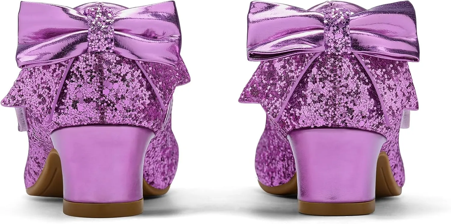 K KomForme Girls Dress Shoes Glitter Mary Jane Pumps with Bow, Low Heel Party Wedding Princess Shoes (Toddler/Little Kids/Big Kids)