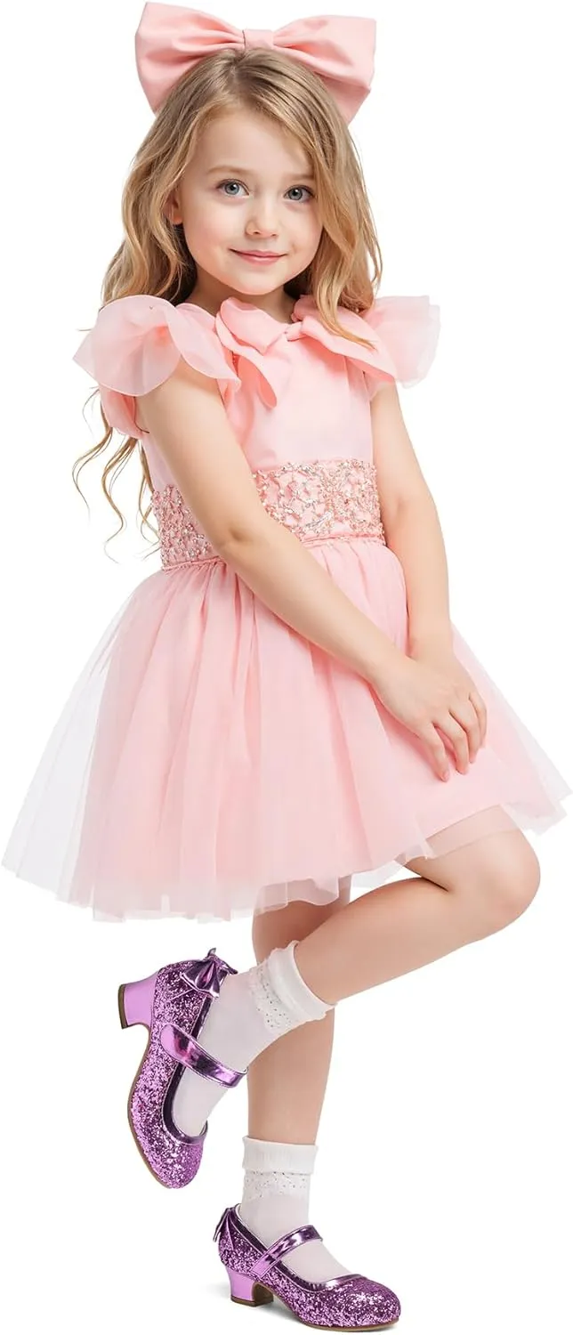 K KomForme Girls Dress Shoes Glitter Mary Jane Pumps with Bow, Low Heel Party Wedding Princess Shoes (Toddler/Little Kids/Big Kids)