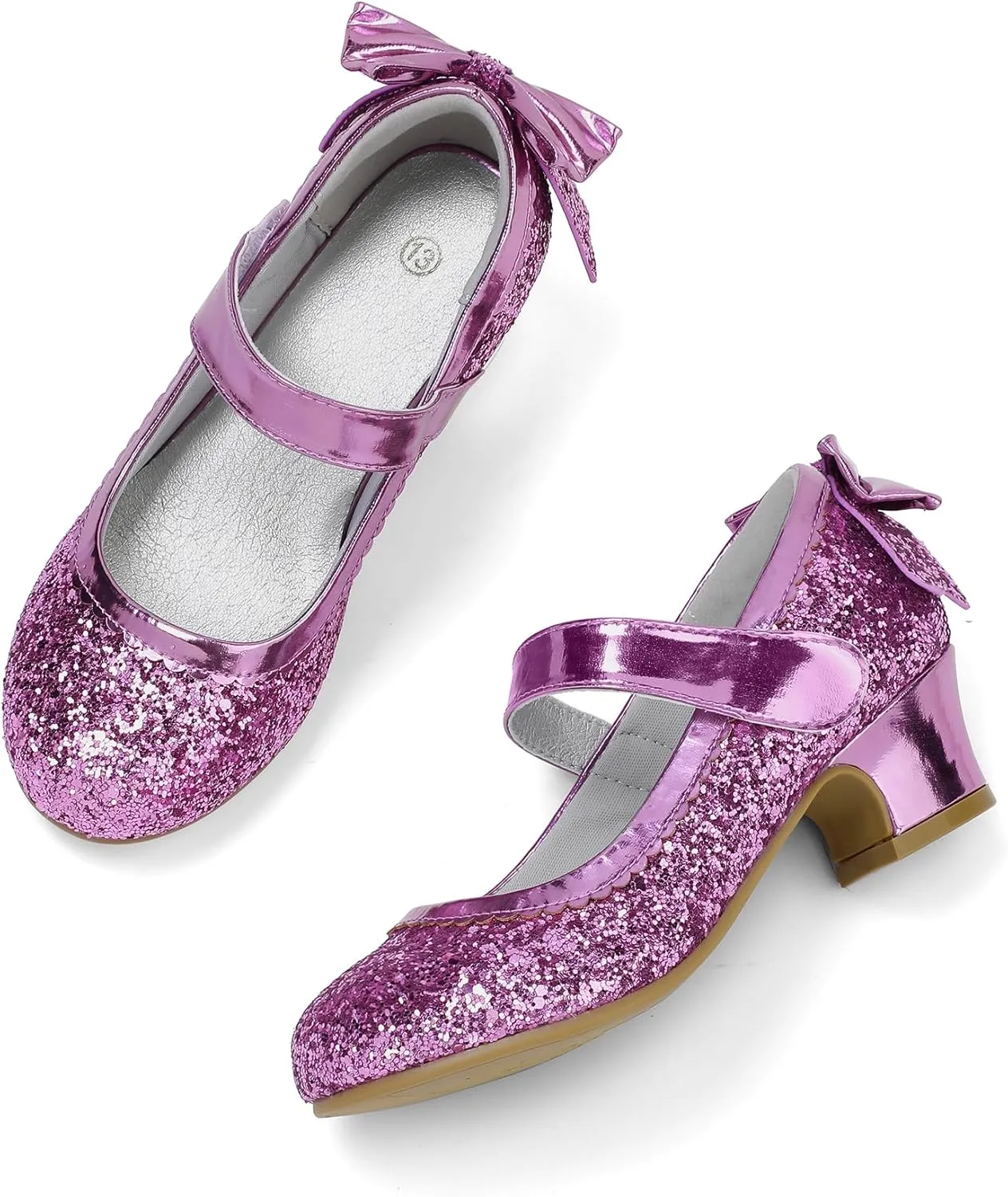 K KomForme Girls Dress Shoes Glitter Mary Jane Pumps with Bow, Low Heel Party Wedding Princess Shoes (Toddler/Little Kids/Big Kids)