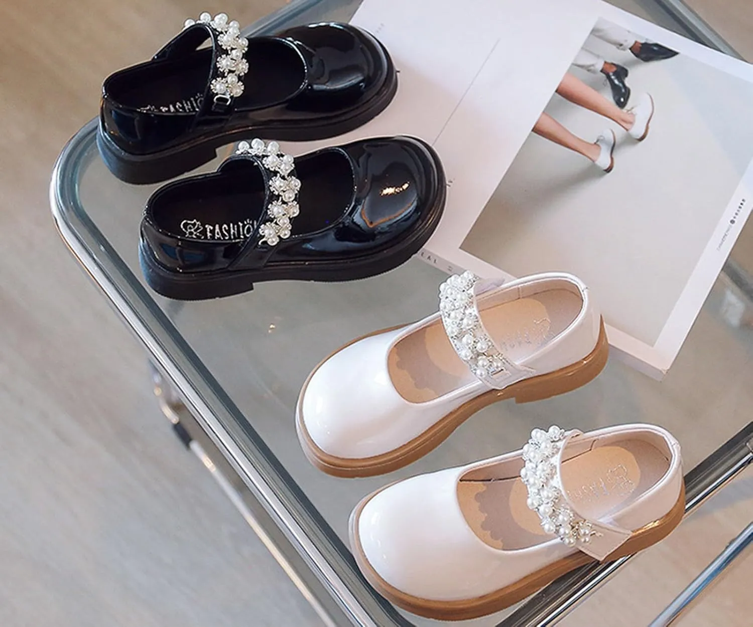 Kids Girls Fashion Dress Shoes Soft Flower Leather Dance Shoes with Pearl Straps Shoes for Girls Size 4