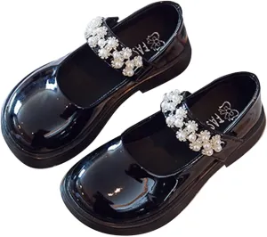 Kids Girls Fashion Dress Shoes Soft Flower Leather Dance Shoes with Pearl Straps Shoes for Girls Size 4