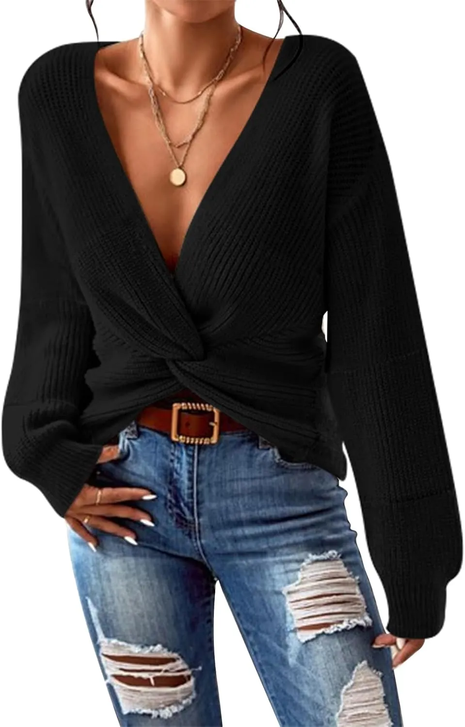 Kisscynest Womens Sweaters 2024 Casual Sexy V Neck Long Sleeve Pullover Sweaters Twsit Knot Knit Cropped Jumper Tops