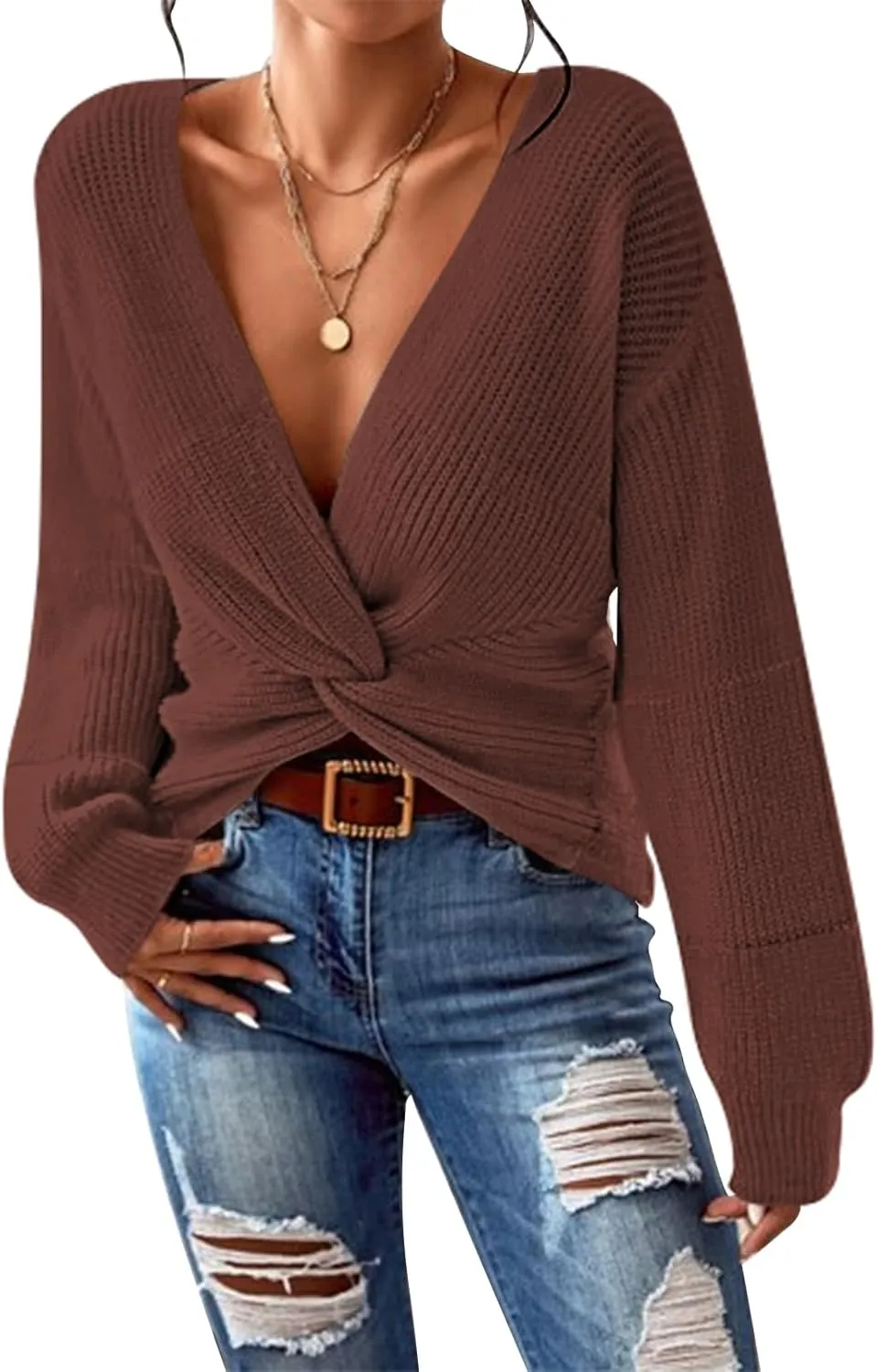 Kisscynest Womens Sweaters 2024 Casual Sexy V Neck Long Sleeve Pullover Sweaters Twsit Knot Knit Cropped Jumper Tops