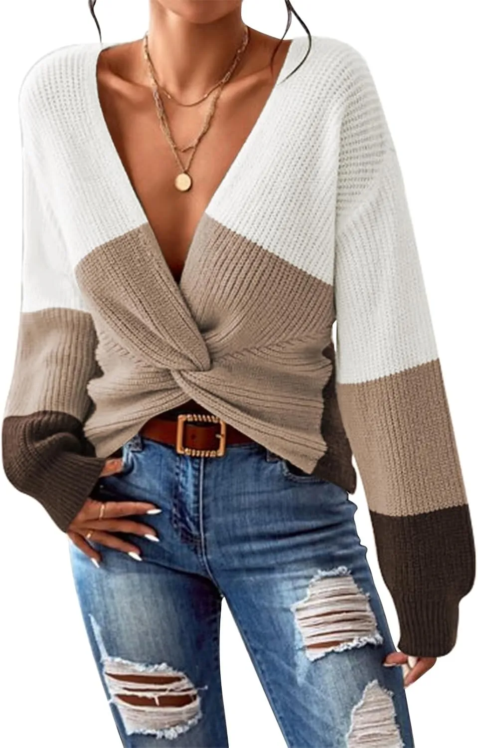 Kisscynest Womens Sweaters 2024 Casual Sexy V Neck Long Sleeve Pullover Sweaters Twsit Knot Knit Cropped Jumper Tops