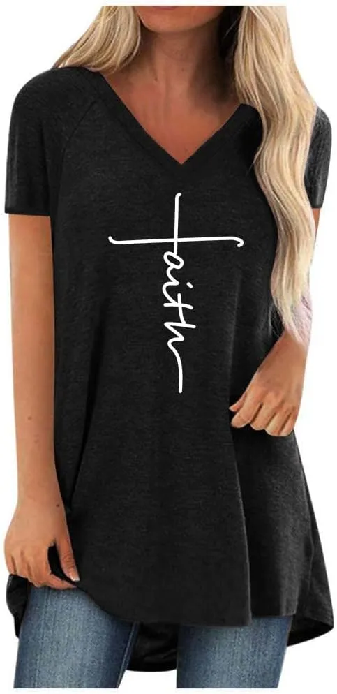 KKG Tops Tunics for Women to Wear with Leggings, Casual Loose Fit V Neck Short/Long Sleeves T Shirt