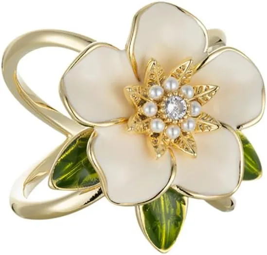 Kokoma Elegant Gardenia Flower Scarf Ring for Women CZ Crystal Floral Silk Scarf Clip Scarves Buckle Shawl Brooch Statement Finger Ring Decoration Accessories