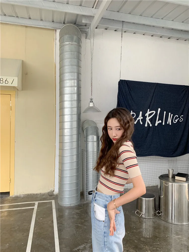 [Korean Style] Hozell V-neckline Stripe Knit Tee