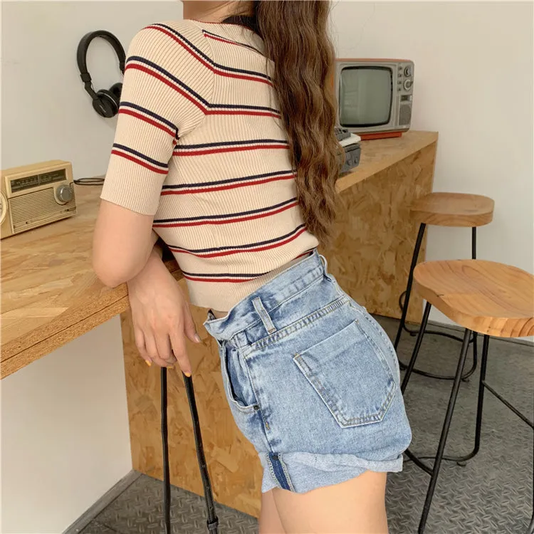 [Korean Style] Hozell V-neckline Stripe Knit Tee