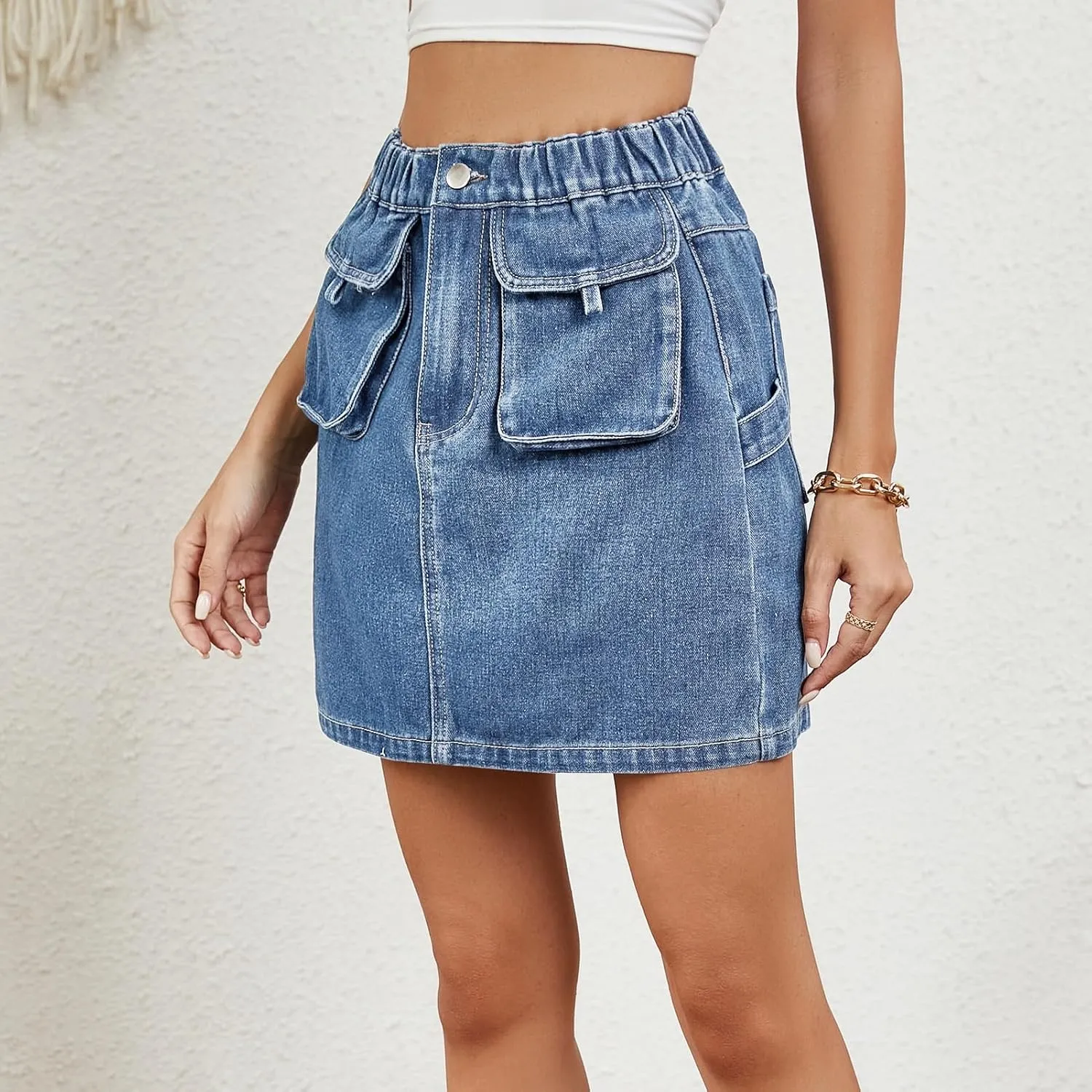 ksotutm Womens Denim Mini Skirt High Waisted Jean Skirt Cargo Skirt with Pockets for Women Casual