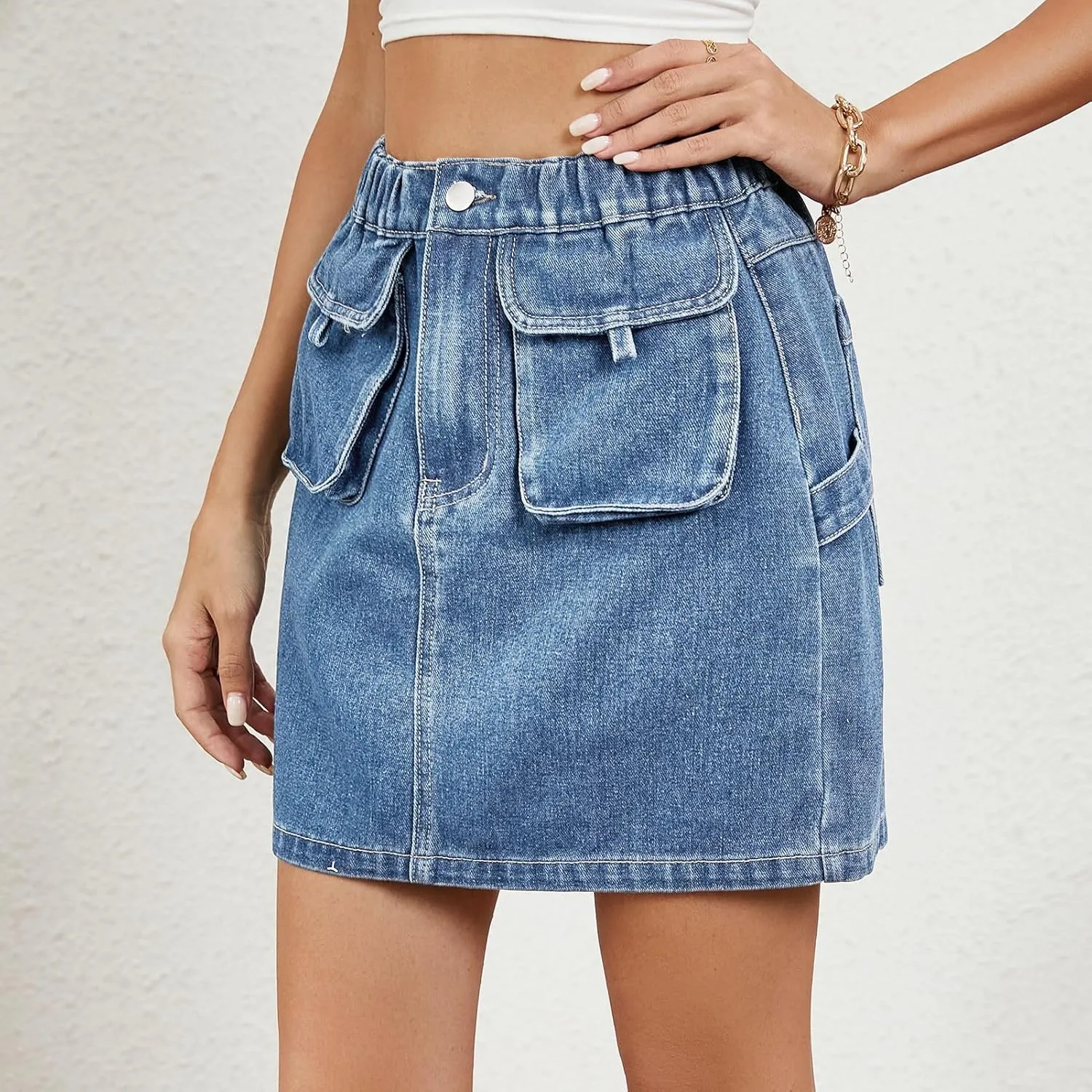 ksotutm Womens Denim Mini Skirt High Waisted Jean Skirt Cargo Skirt with Pockets for Women Casual