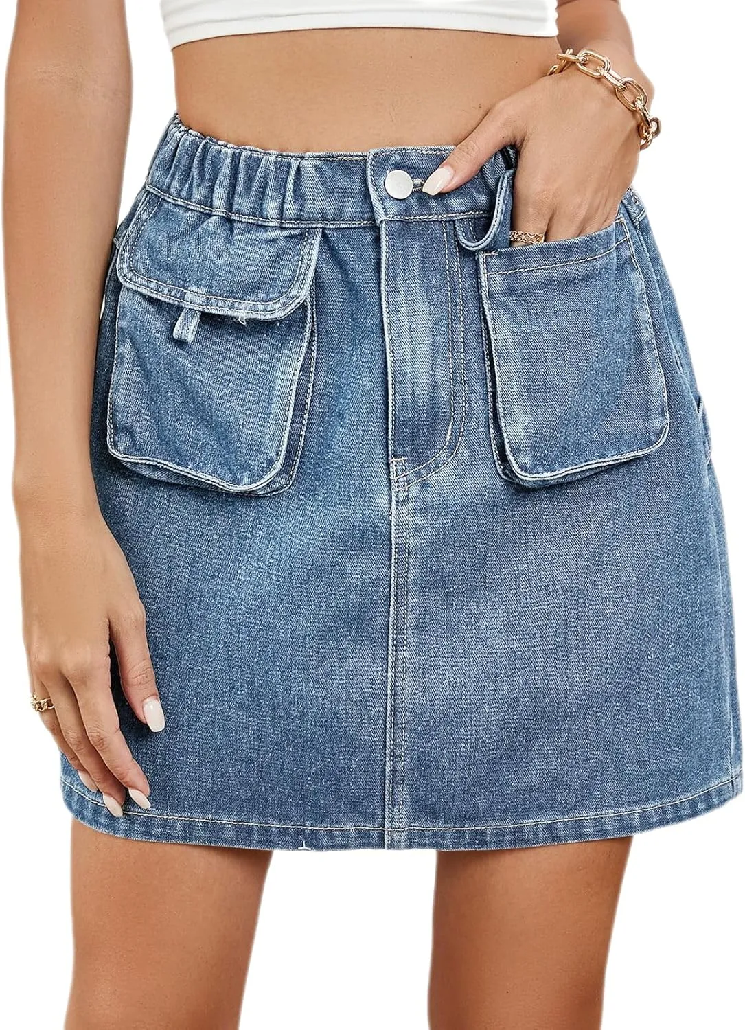 ksotutm Womens Denim Mini Skirt High Waisted Jean Skirt Cargo Skirt with Pockets for Women Casual