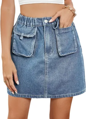 ksotutm Womens Denim Mini Skirt High Waisted Jean Skirt Cargo Skirt with Pockets for Women Casual