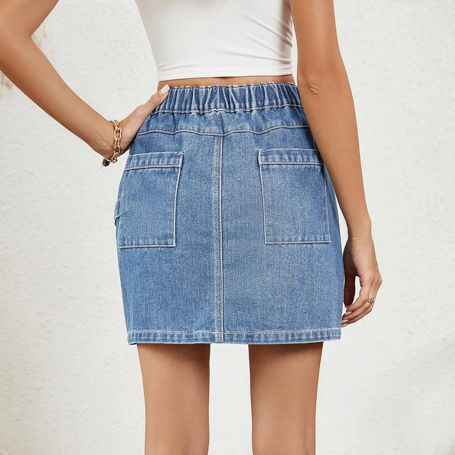 ksotutm Womens Denim Mini Skirt High Waisted Jean Skirt Cargo Skirt with Pockets for Women Casual