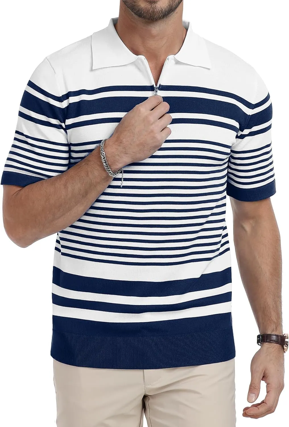 KUYIGO Men's Knit Collared Polo Shirts Short Sleeve Zipper Striped Tops Classic Fit Casual Soft T-Shirt