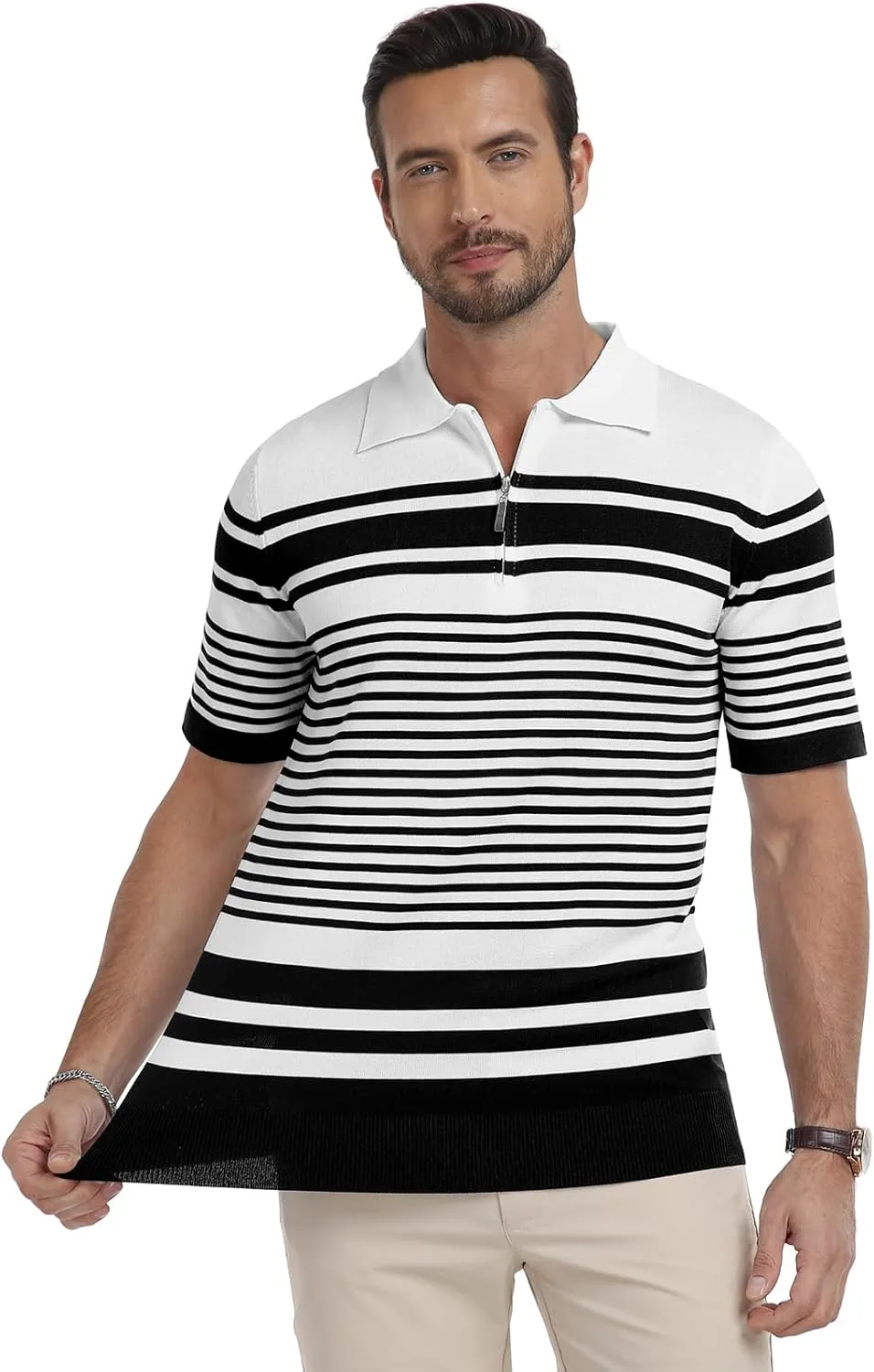 KUYIGO Men's Knit Collared Polo Shirts Short Sleeve Zipper Striped Tops Classic Fit Casual Soft T-Shirt
