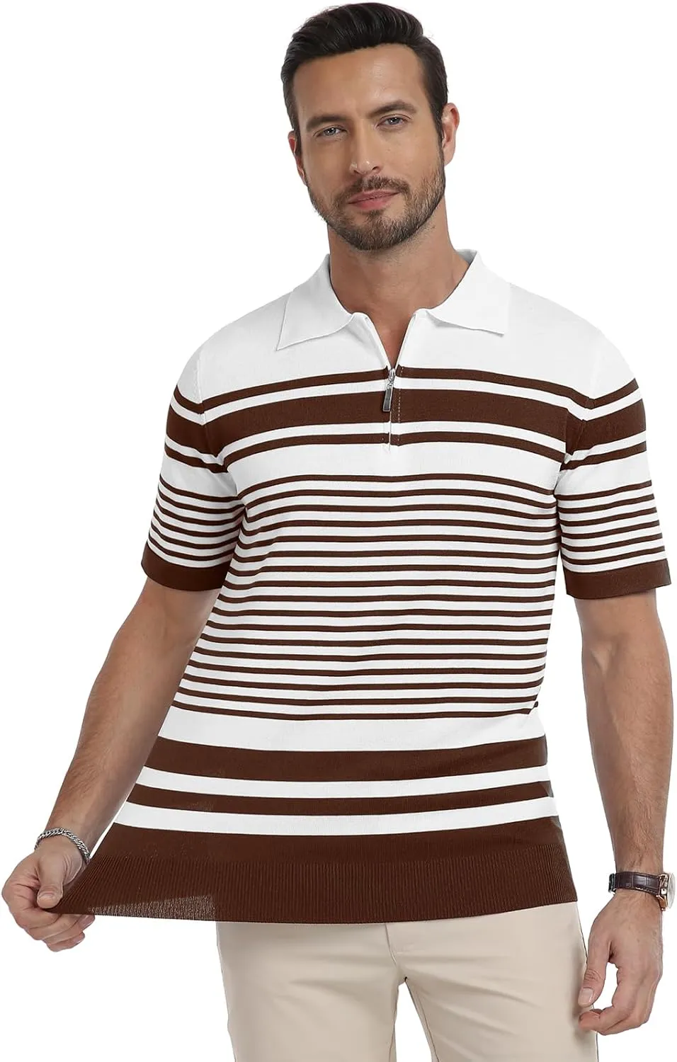KUYIGO Men's Knit Collared Polo Shirts Short Sleeve Zipper Striped Tops Classic Fit Casual Soft T-Shirt