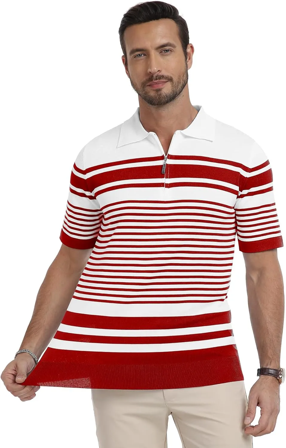 KUYIGO Men's Knit Collared Polo Shirts Short Sleeve Zipper Striped Tops Classic Fit Casual Soft T-Shirt