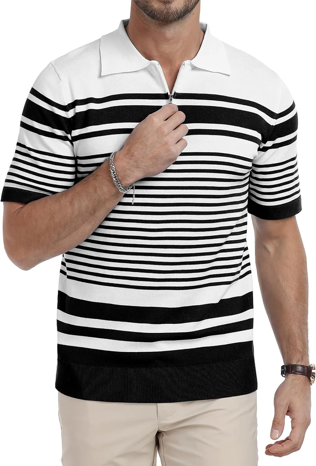 KUYIGO Men's Knit Collared Polo Shirts Short Sleeve Zipper Striped Tops Classic Fit Casual Soft T-Shirt