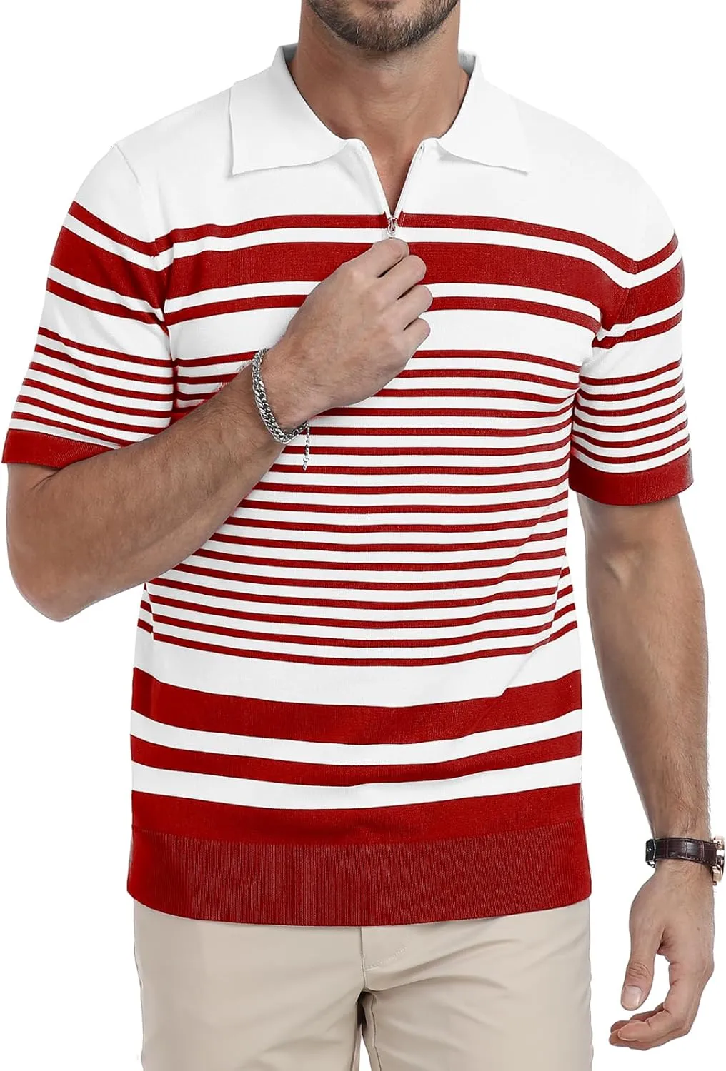 KUYIGO Men's Knit Collared Polo Shirts Short Sleeve Zipper Striped Tops Classic Fit Casual Soft T-Shirt