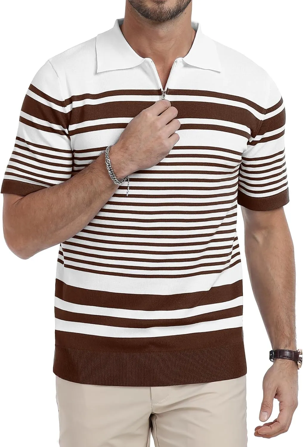 KUYIGO Men's Knit Collared Polo Shirts Short Sleeve Zipper Striped Tops Classic Fit Casual Soft T-Shirt