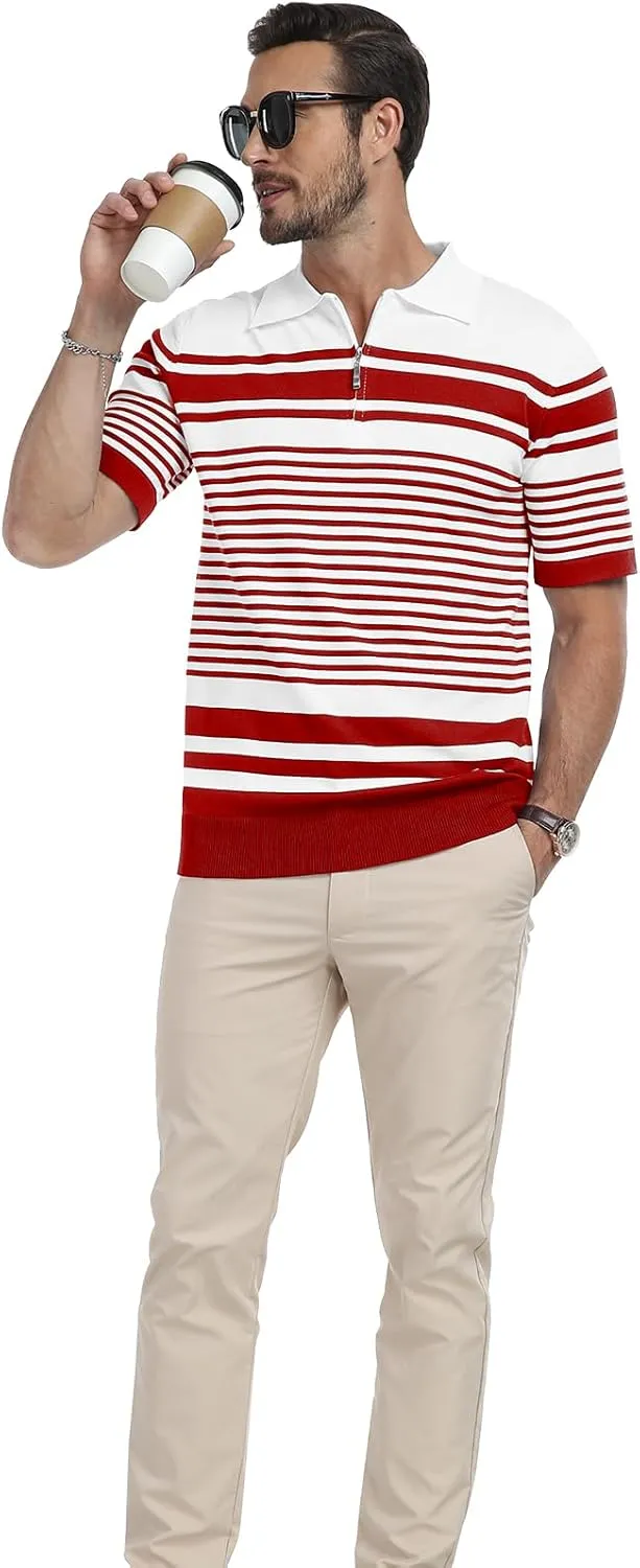 KUYIGO Men's Knit Collared Polo Shirts Short Sleeve Zipper Striped Tops Classic Fit Casual Soft T-Shirt