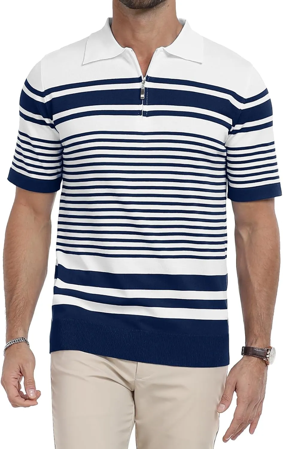KUYIGO Men's Knit Collared Polo Shirts Short Sleeve Zipper Striped Tops Classic Fit Casual Soft T-Shirt
