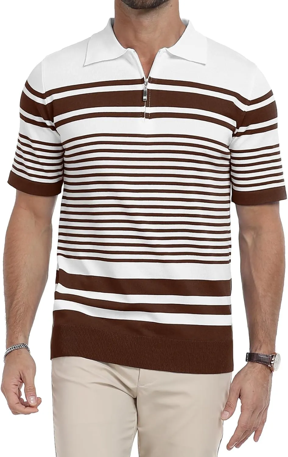 KUYIGO Men's Knit Collared Polo Shirts Short Sleeve Zipper Striped Tops Classic Fit Casual Soft T-Shirt
