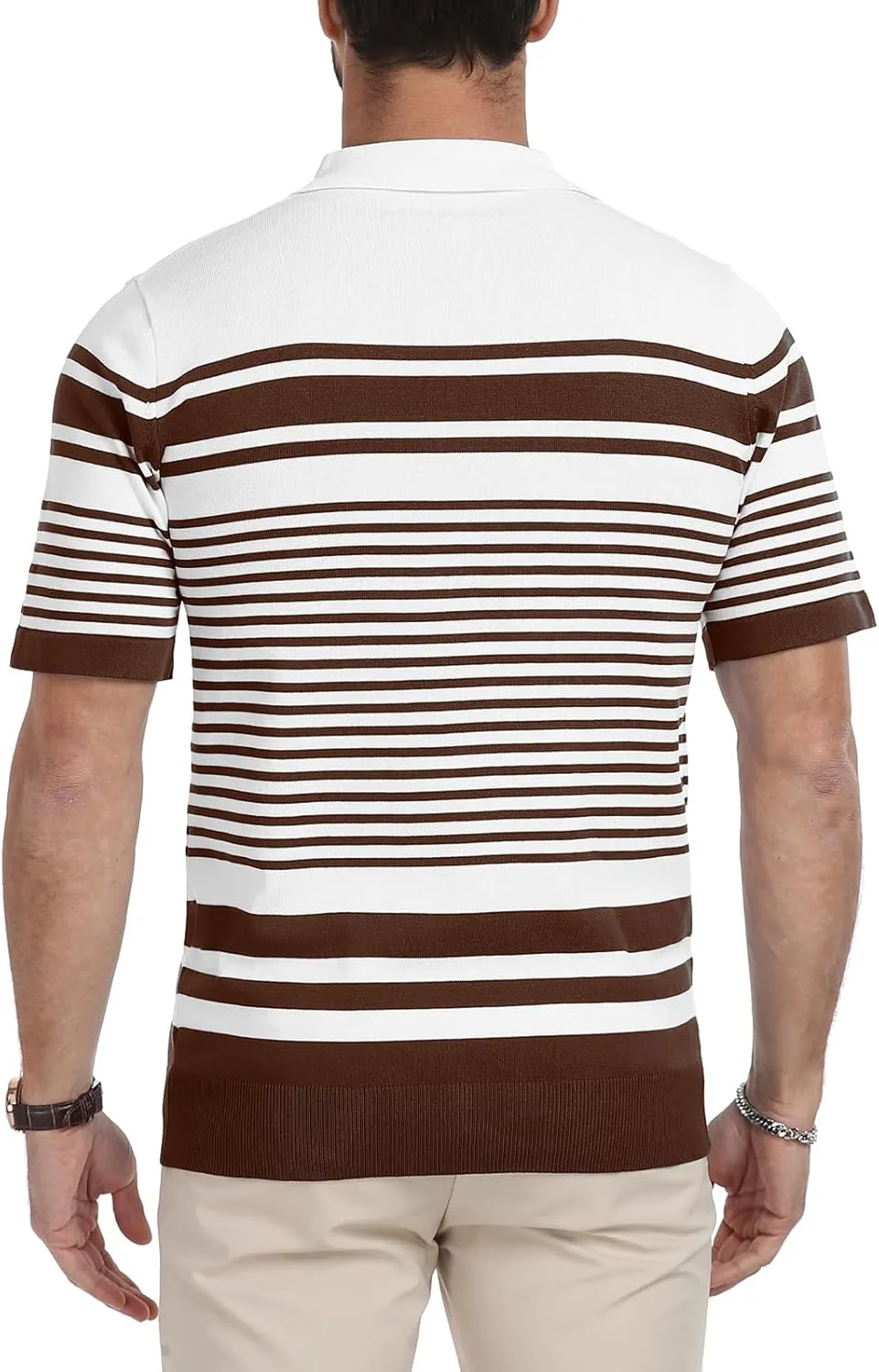 KUYIGO Men's Knit Collared Polo Shirts Short Sleeve Zipper Striped Tops Classic Fit Casual Soft T-Shirt