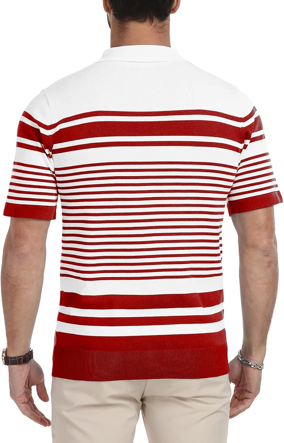 KUYIGO Men's Knit Collared Polo Shirts Short Sleeve Zipper Striped Tops Classic Fit Casual Soft T-Shirt