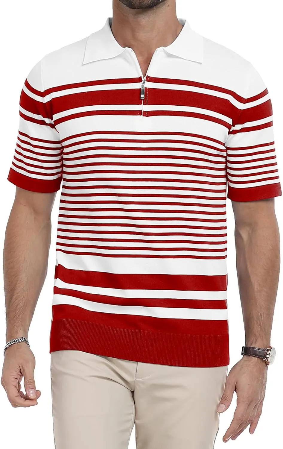 KUYIGO Men's Knit Collared Polo Shirts Short Sleeve Zipper Striped Tops Classic Fit Casual Soft T-Shirt