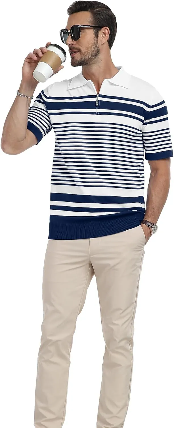 KUYIGO Men's Knit Collared Polo Shirts Short Sleeve Zipper Striped Tops Classic Fit Casual Soft T-Shirt