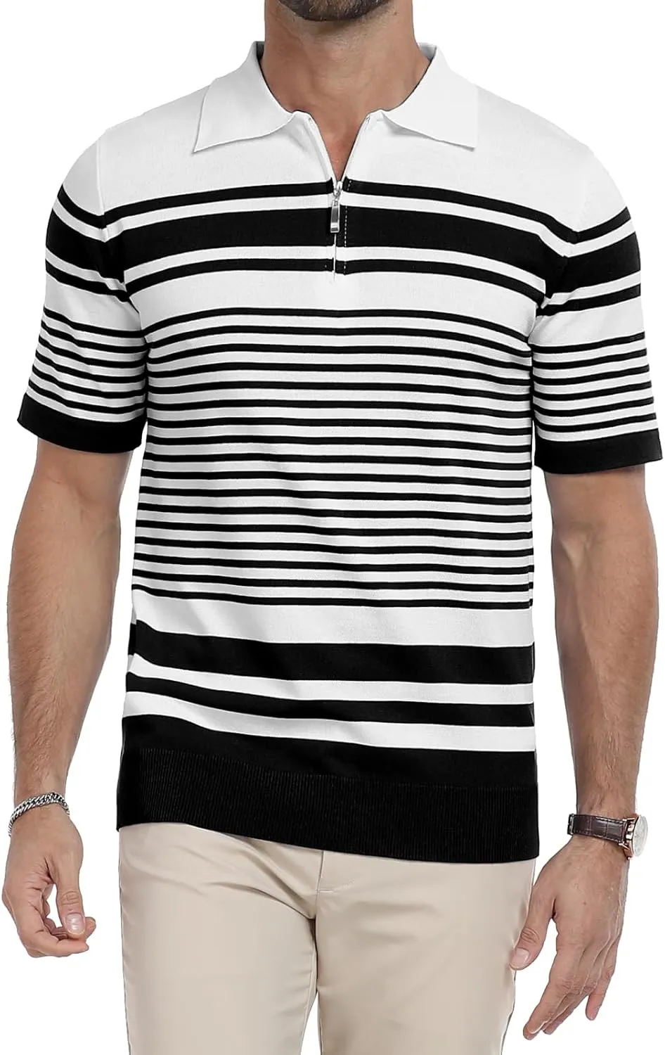 KUYIGO Men's Knit Collared Polo Shirts Short Sleeve Zipper Striped Tops Classic Fit Casual Soft T-Shirt