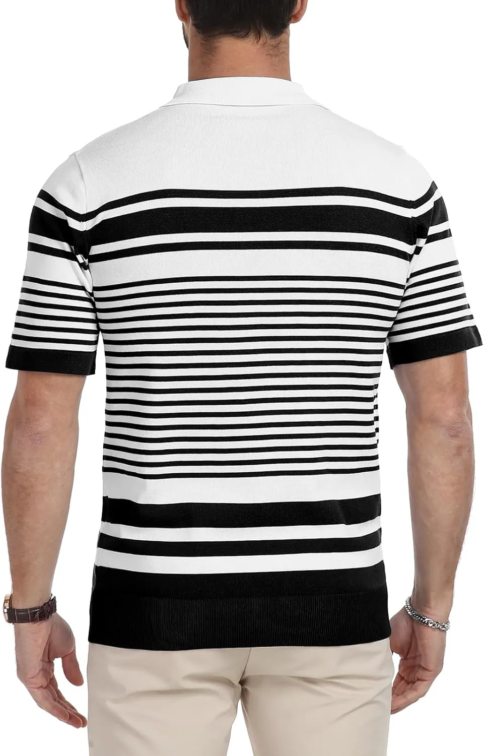 KUYIGO Men's Knit Collared Polo Shirts Short Sleeve Zipper Striped Tops Classic Fit Casual Soft T-Shirt